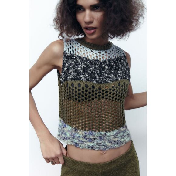 Multicolor Zara Open-Stitch Crochet Round Neck Sleeveless Knit Top (NWT) - Picture 4 of 8